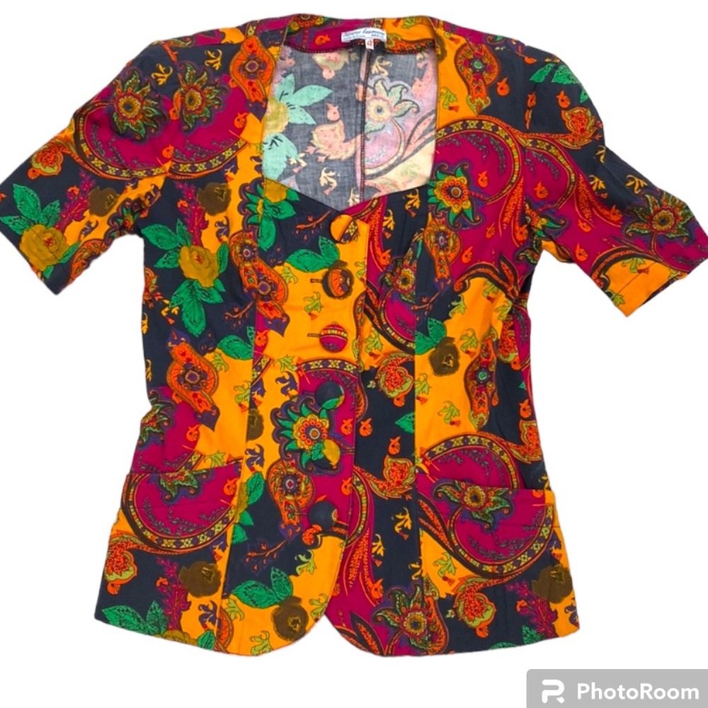 🇫🇷 Vtg Therese Baumaire Paris Colorful Button Blouse Top Sz Eur 42
